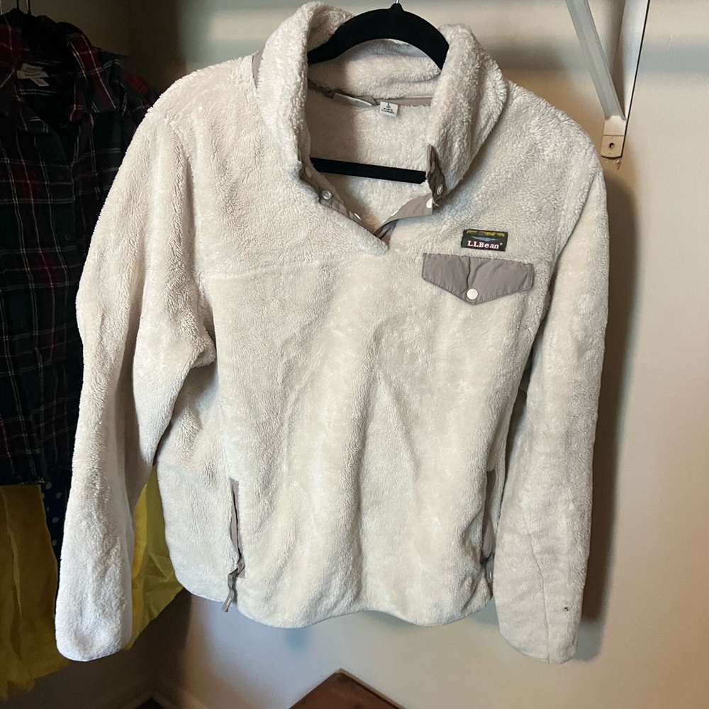 L. L. Bean Hi-pile Fleece quarter snap pullover ivory fuzzy sweater size L